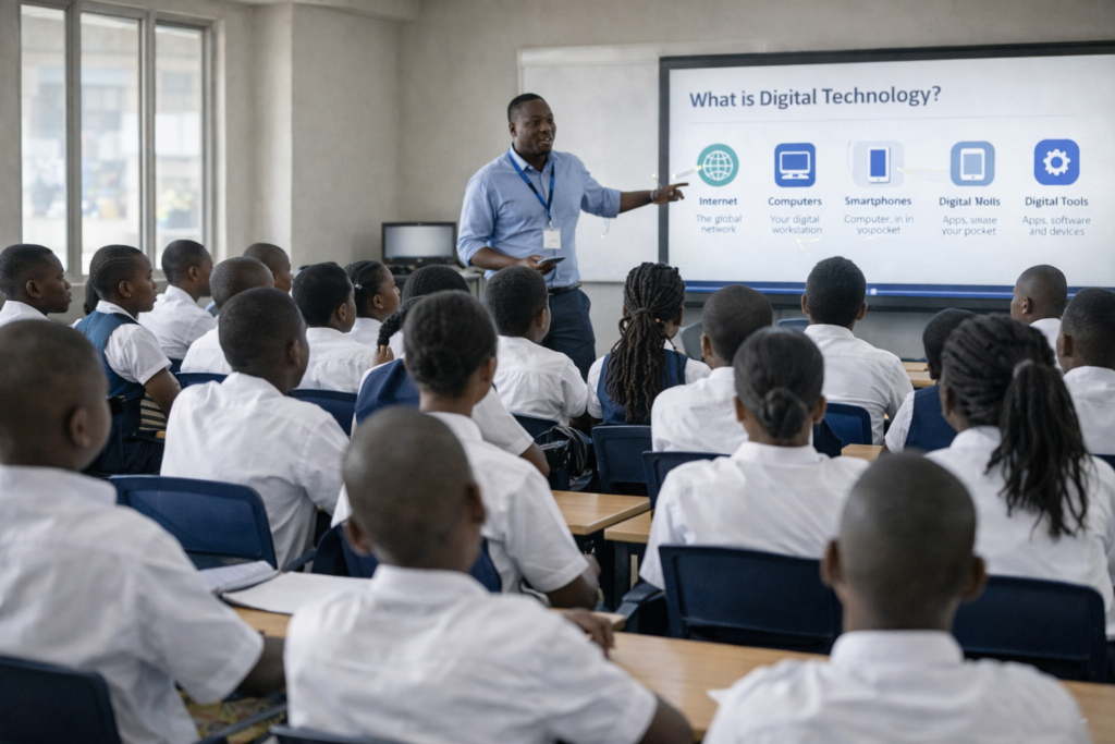 Élèves africains en uniforme suivant un cours sur les technologies numériques dans une salle de classe en RDC
