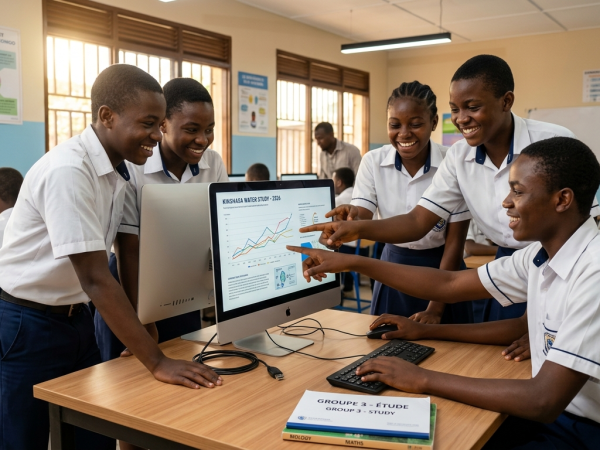 Élèves africains en uniforme utilisant des ordinateurs dans une salle informatique moderne en République démocratique du Congo