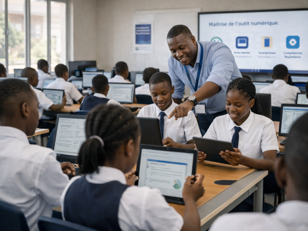 Enseignant africain aidant des élèves à utiliser des ordinateurs dans une salle de classe numérique en RDC